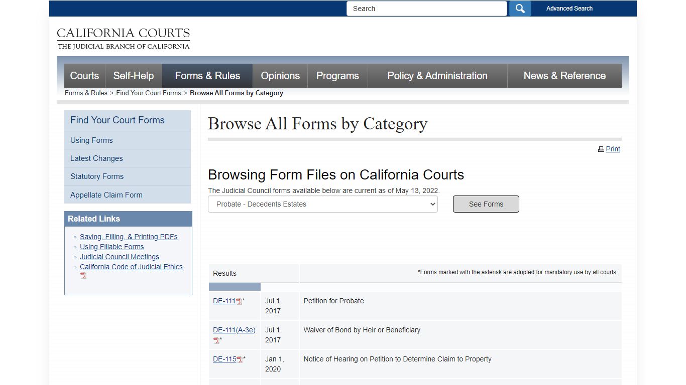 Browse All Forms by Category - California