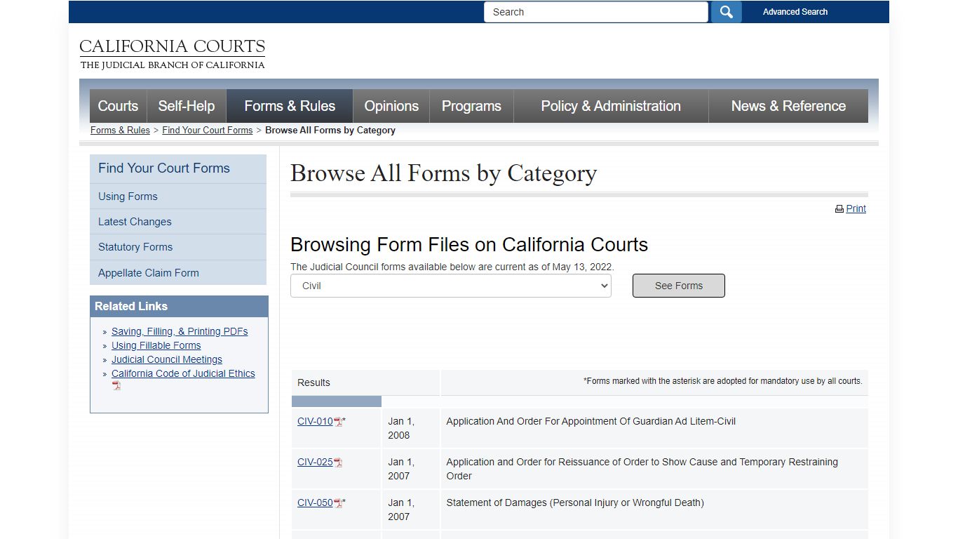 Browse All Forms by Category - California