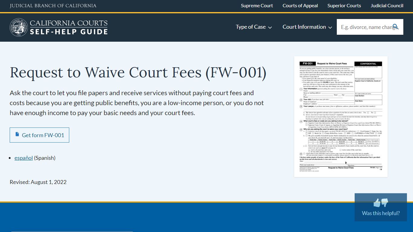 Request to Waive Court Fees | California Courts | Self Help Guide